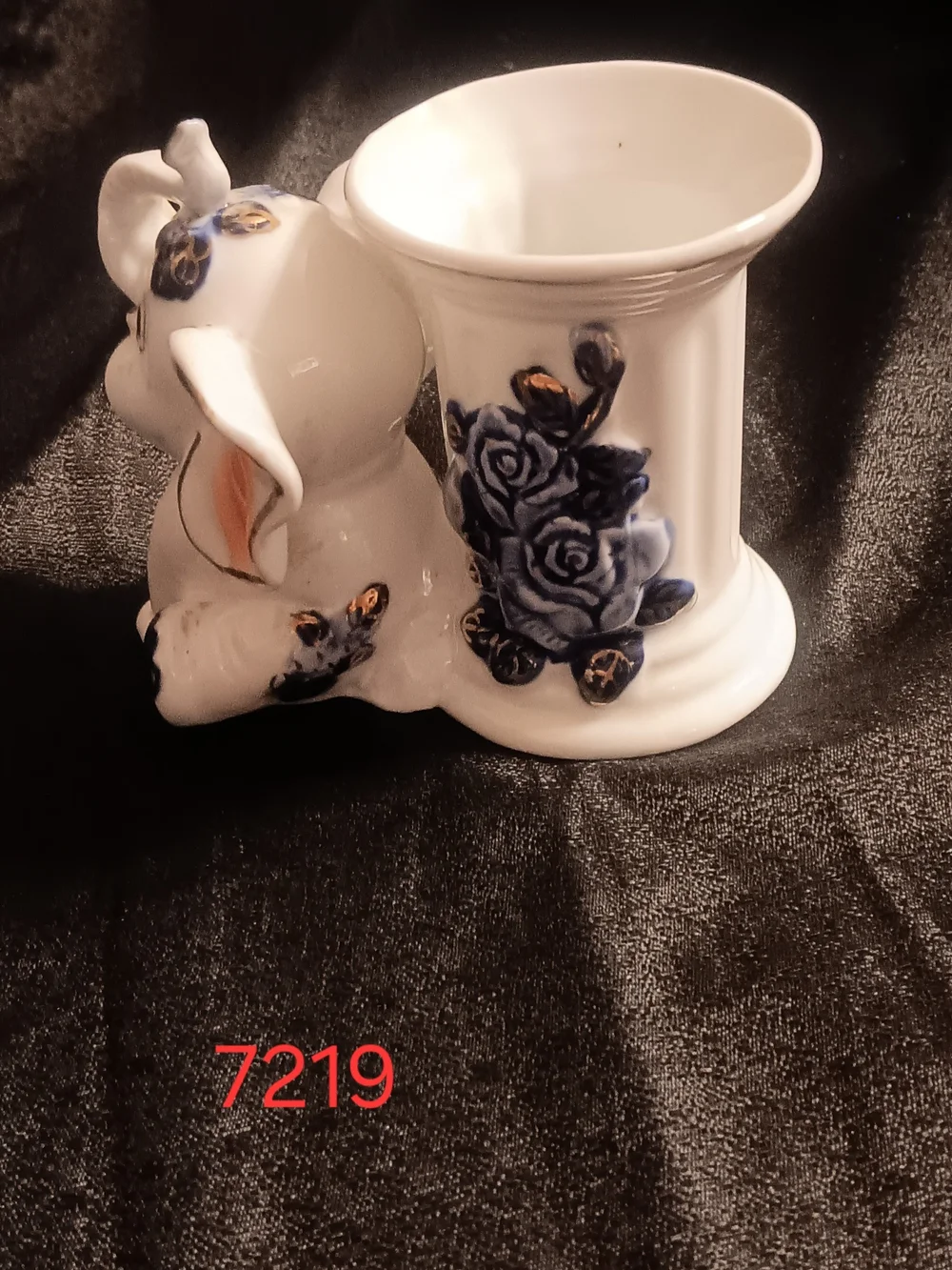 White Ceramic Elephant Planter Blue Floral Accents